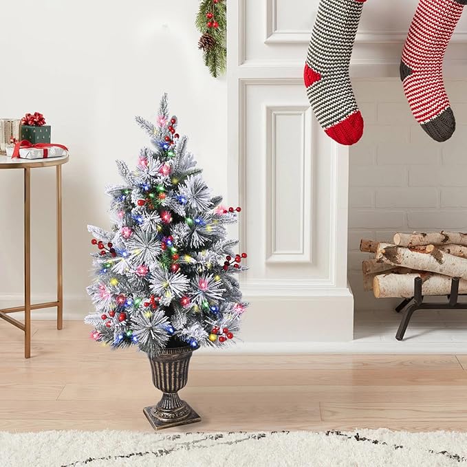 Pre-lit Potted Christmas Tree, 2-Packs Flocked Snow Xmas Tree with 100 Color Led Lights, 8 Modes, PE Christmas Decoration for Home, Office, Easy Assembly