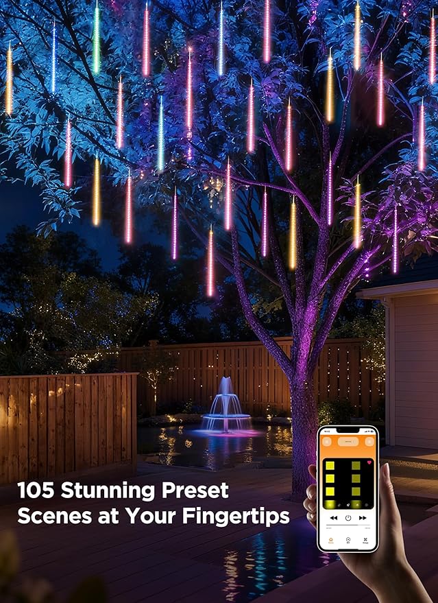 Smart Meteor Shower Rain Lights, 24Tube 384LED 37.7ft Color Changing Icicle Christmas Lights Outdoor Outside, APP Controlled RGB Customize Display DIY Dynamic Lighting Effect