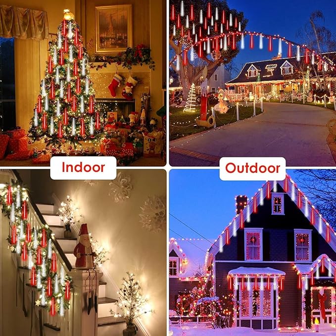 Solar Meteor Shower Lights Outdoor Decorations, Waterproof Christmas Lights Solar Powered, 16 Tubes 384LED Icicle String Light, Snow Cascading Raindrop Light for Tree Party Garden Decor(Red and White)