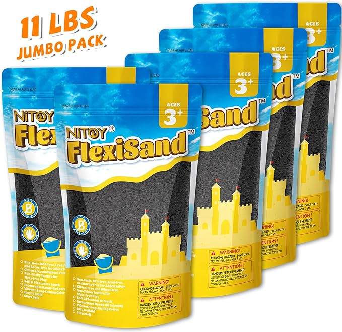 NiToy FlexiSand 11 Lbs Moldable Self-Sticking Sand,Never Dries Out-Fun for 3 Years and up Kids Bulk Refill for Sensory Sand Box Toys,Ideal for Shaping, Squeezing, Scooping and Rolling (5kg, Black)