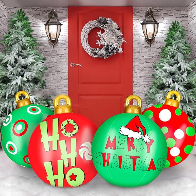 Jetec 4 Pcs Giant Inflatable Christmas Ball Large Xmas Inflatable Ornaments PVC Outdoor Holiday Blow Ball Outside Yard Lawn Porch Decorations (Polka Pattern,Vibrant Color)
