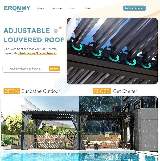 EROMMY Louvered Pergola 12' x 20' Outdoor Hard Top Pergola with Aluminum Frame and Adjustable Metal Rainproof Roof for Garden & Patio, Curtains and Netting Included, Gray-Black