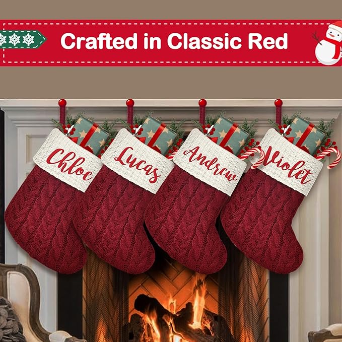 Mini Custom Christmas Stockings with Names - 6" W x 7" L Burgundy Red Personalized Christmas Stockings, Kids Family Small Knitted Xmas Stocking for Fireplace Decoration, 1 Pack