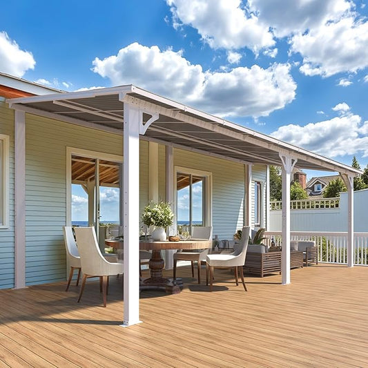 AECOJOY 20' x 8' White Outdoor Gazebo for Patio, Large Wall-Mounted Hard Top 8x20 Lean to Metal Gazebo Shelter Pergolas and Gazebos Clearance with Patio Roof, Heavy Duty Awnings for Patio, Decks