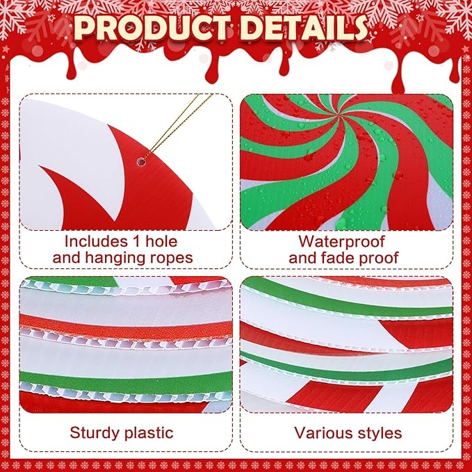 12 Pcs 12 Inch/10 Inch Large Christmas Decorations Outdoor Double Sided Christmas Yard Hanging Ornaments Holiday Porch Lawn Candy Hanging Decorations for Xmas Tree Porch Yard Decor