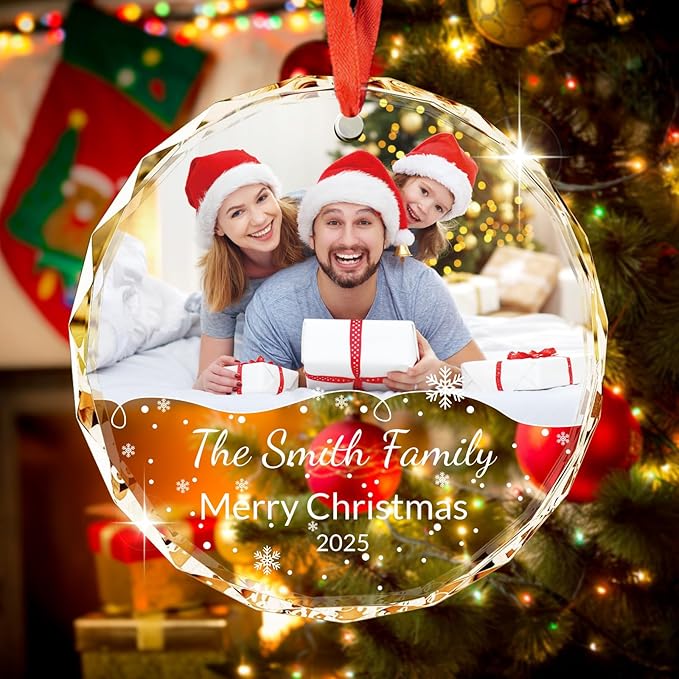 Personalized Crystal Ornament - Custom Photo Christmas Ornament with Text & Date, Customizable Holiday Keepsake Gift for Family, Mom, Dad, Couple, Friends - Elegant Christmas Tree Decoration