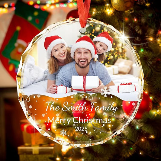 Personalized Crystal Ornament - Custom Photo Christmas Ornament with Text & Date, Customizable Holiday Keepsake Gift for Family, Mom, Dad, Couple, Friends - Elegant Christmas Tree Decoration
