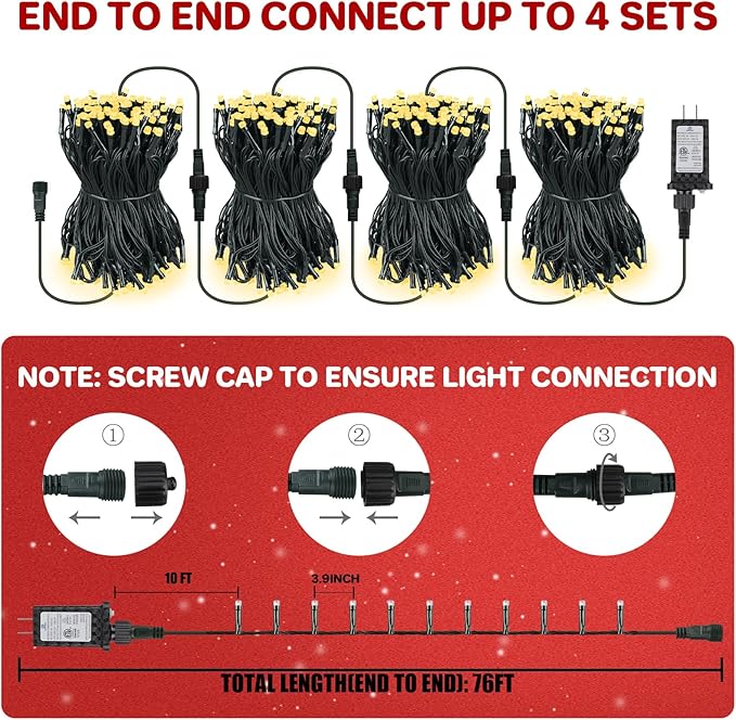 66FT 200 LED Connectable Christmas Tree Lights, End-to-End Plug 8 Modes Indoor Lights with Timer, Outdoor Indoor Fairy Lights Christmas Tree, Patio, Garden, Party, Wedding, Holiday (Warm White)