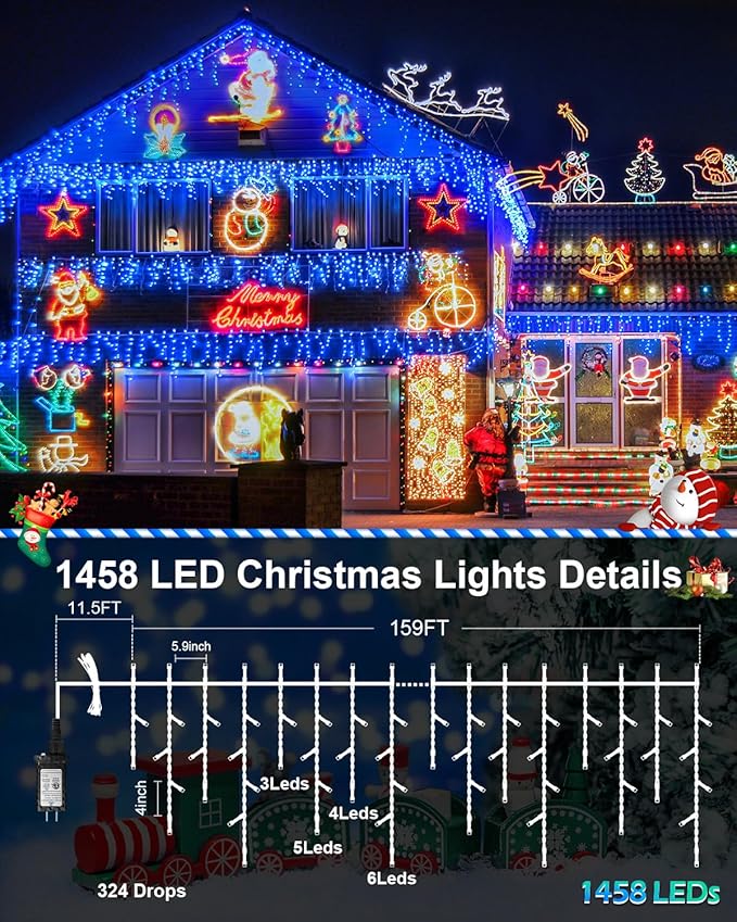 159 FT Blue Christmas Lights Outdoor, 1458 LED Waterproof Outside Christmas Lights Plug in, Timer & Memory, 8 Modes Fairy Lights with 324 Drops for House Eaves Yard Patio Wedding Decorations