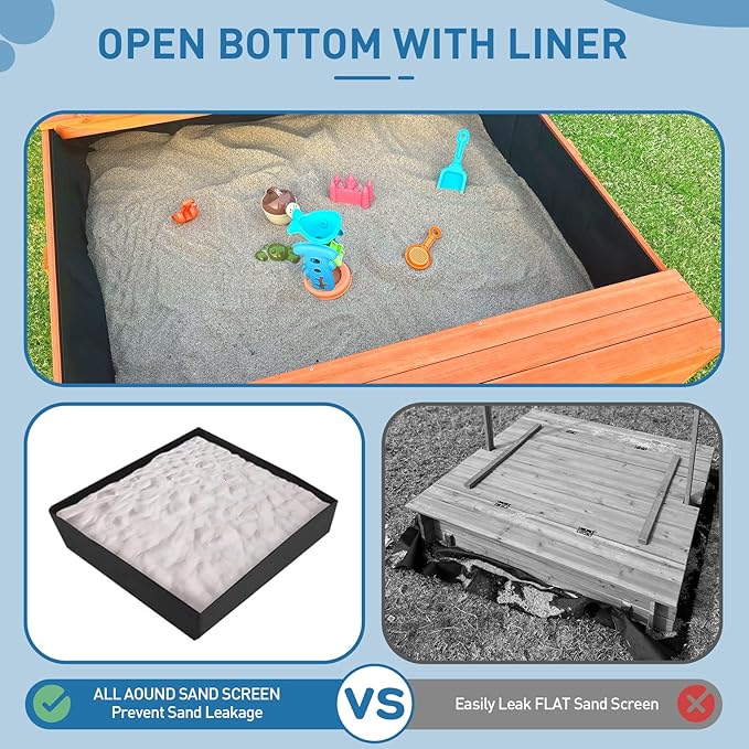 Wooden Kids Sandbox with Lid Sand Box with Cover Outdoor Sand Pit with Picnic Table Ages 4-8 Bottom Liner