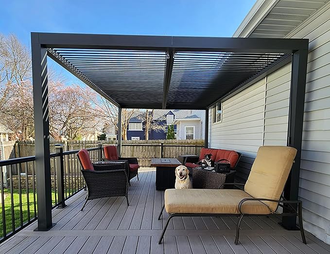 PURPLE LEAF Louvered Pergola 94AS 11' x 15' Aluminum Metal Outdoor Pergola wtih Adjustable Louvered Roof and Integrated Drainage System for Patio Deck Backyard Modern Gray Gazebo