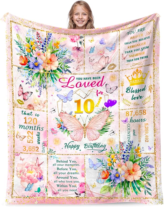 10th Birthday Gifts for Girls, Birthday Gift for 10 Year Old Girl, Super Soft Unique Funny Pink Butterfly Flower Blanket for Girls, Gifts for 10 Year Old Girl, Warm Cozy Plush Fuzzy Blanket 50"x40"