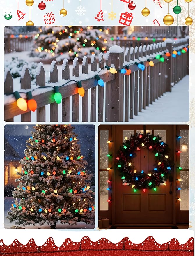 C7 LED Vintage Christmas Lights 25FT Outdoor String Lights – Multicolor Shatterproof and Waterproof LED Christmas Lights with 27 Bulbs (2 Spares) for Porch, Patio, Tree, and Garden Holiday Decor