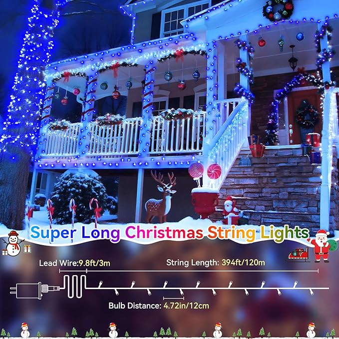 Heceltt Christmas Lights Outdoor, 403FT 1000 LED String Lights 8 Modes and Timer Memory Function Twinkle Fairy Lights IP44 Waterproof Plug in for Xmas Tree Wedding Party Holiday Decor(Blue)