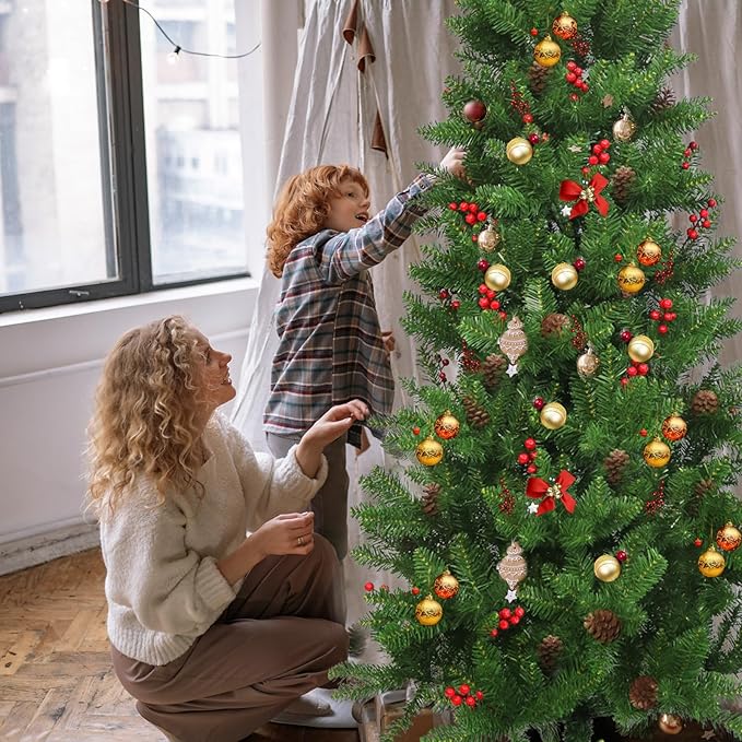 6FT Artificial Slim Christmas Tree, Pencil Christmas Tree UV Resistant Outdoor & Indoor Xmas Decor with Red Berries & Pine Cones for Holiday Décor