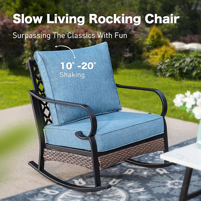 5 Piece Metal Outdoor Patio Furniture Set with Firepit Table, Patio Conversation Set 1 3-Seater Sofa, 2-Seater Sofa, 2 Rocking Chairs with 5.75" Cushion for Backyard Deck, Denim Blue