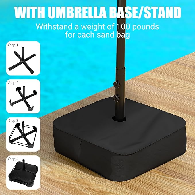 CHABATREE 15FT Rectangle Patio Umbrella with Base & Solar LED Lights - Double-Sided