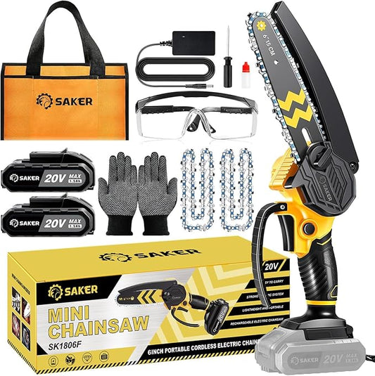 Saker Mini Chainsaw Cordless 6-Inch-Switch Security Lock-Cordless Power Chain Saws-Handheld Small Chainsaw for Cutting Wood Trimming and Woodworking- Mini Chain Saw Cordless with 2 Batteries
