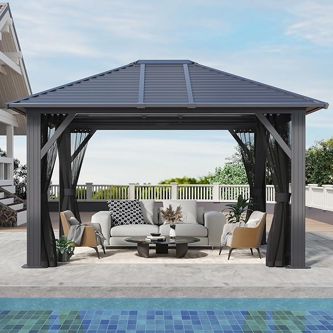 GARTOO 10' x 12' Patio Hardtop Gazebo - Outdoor Metal Hard Top with Breathable Mesh, Galvanized Steel Top Gazebo for Garden, Lawn, Outdoor Party (Black)