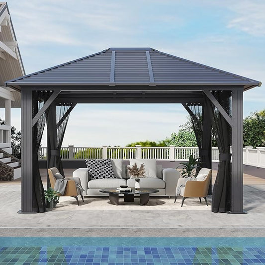 GARTOO 10' x 12' Patio Hardtop Gazebo - Outdoor Metal Hard Top with Breathable Mesh, Galvanized Steel Top Gazebo for Garden, Lawn, Outdoor Party (Black)