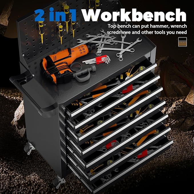 INTERGREAT 7 Drawers Rolling Tool Box with Pegboard,Portable Tool Chest with Wheels, Tool Box Organizer with Locking System for Garage(Black)