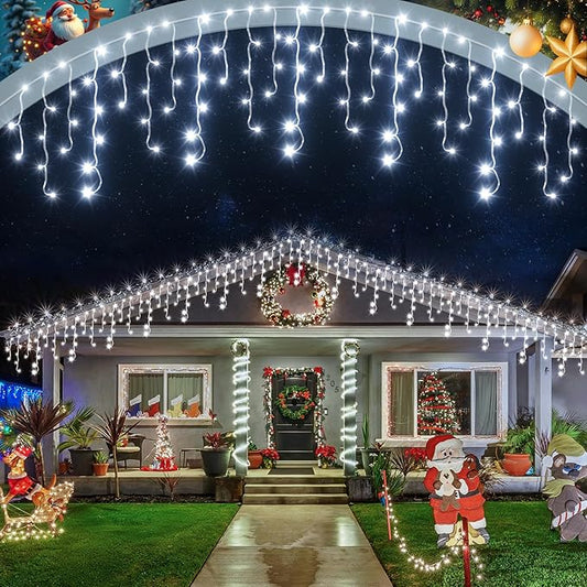 Cool White Christmas Lights Outdoor,2 Pack 53FT 486 LED Plug in Waterproof Christmas Lights for Outside, Timer & Memory, 8 Modes Hanging Fairy Light for Wedding Decorations House Eaves Yard Patio