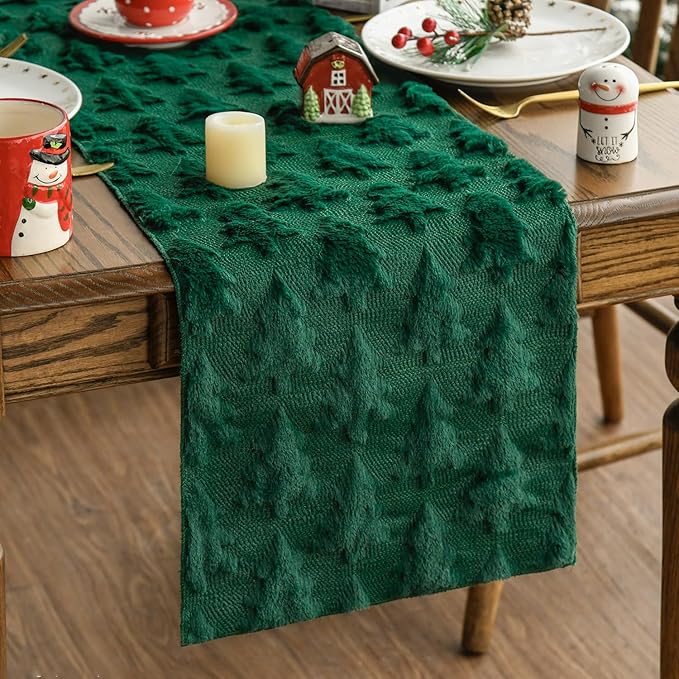 Artoid Mode Christmas Trees Green Soft Plush Faux Fur Jacquard Christmas Table Runner, Holiday Kitchen Dining Table Decoration for Home Party Decor 13x60 Inch