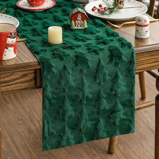 Artoid Mode Christmas Trees Green Soft Plush Faux Fur Jacquard Christmas Table Runner, Holiday Kitchen Dining Table Decoration for Home Party Decor 13x120 Inch