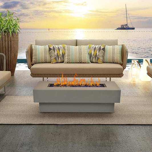Outdoor Low Profile Fire Table, 48-inch Rectangle Propane Gas Fire Pit Table, 50,000 BTU Modern Firepit w/Lid, Glass Rocks, Cover, Pre-Attached 10ft Propane Hose, Flint Gray