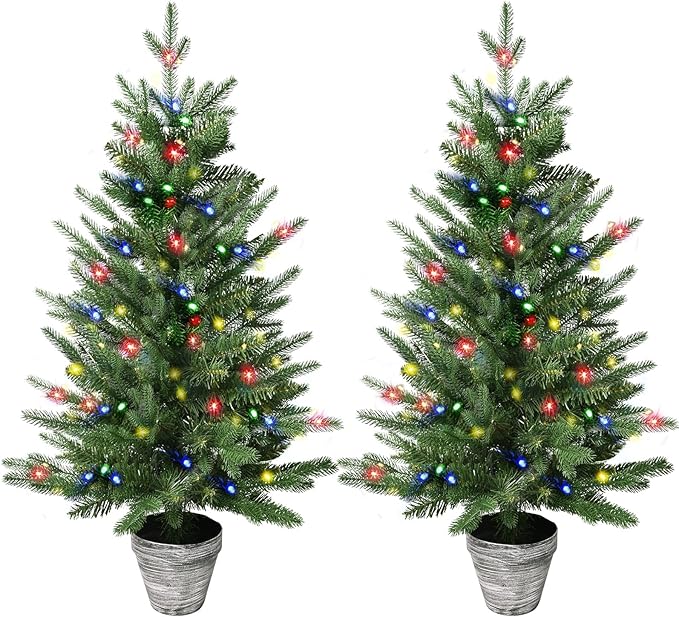 3FT Pre-Lit Christmas Tree, 2-Packs PE Branchs Xmas Tree with Color LED Lights, 8 Modes with 60 Led Lights，Artificial Christmas Trees for Holiday Decoration