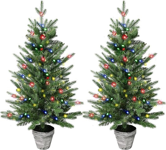 3FT Pre-Lit Christmas Tree, 2-Packs PE Branchs Xmas Tree with Color LED Lights, 8 Modes with 60 Led Lights，Artificial Christmas Trees for Holiday Decoration