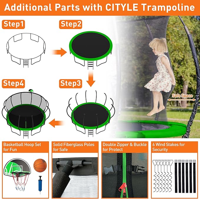 Tranpoline 1500LBS 8 10 12 14 15 16 FT Tranpoline for Kids and Adults Tranpoline with Enclosure Net, Wind Stakes, Basketball Hoop, Heavy Duty Recreational Tranpolines - ASTM Approved