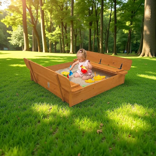 Large Wooden Outdoor Sandbox with Lid Cover Foldable Bench Seat Bottom Liner Sand Box for Garden Patio Beach Backyard Play Sand Pit Aged 3-12 Years Old 48x48 inch (Brown-lidless)