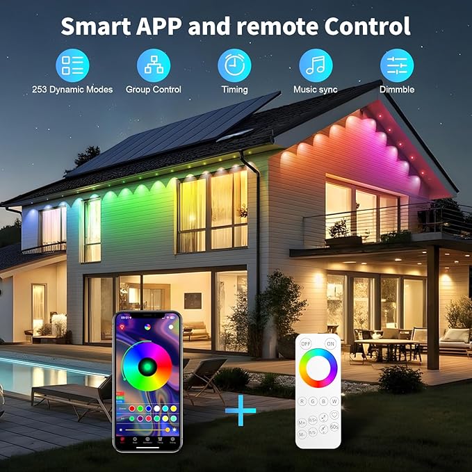 Permanent Outdoor Lights RGB Smart IC 100FT/50LEDs Decor IP68 Waterproof Music Sync Eaves Lights with Remote&APP Control Suitable for Holiday Decoration Christmas Garden Party Decor Deck