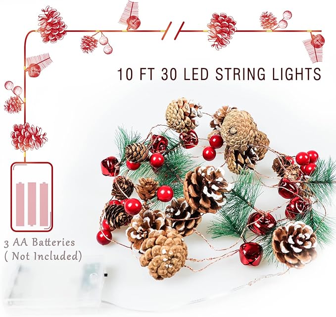 Christmas Garland with Lights 10 Feet 30 LED Bulbs Pinecones, Red Berries, Bells Decorative Lights Christmas Decorations Indoor Suitable for Home & Mantelpiece Decor Christmas Tree Decor