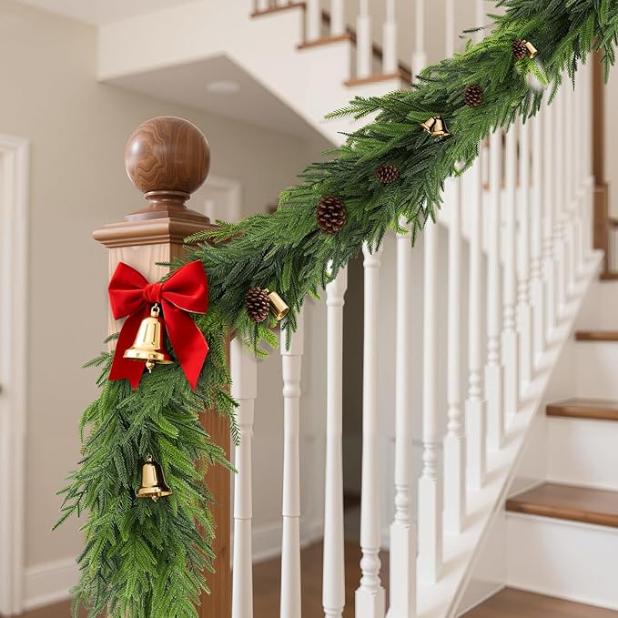 9FT Artificial Norfolk Pine Garland, Realistic Real Touch Christmas Garland, Faux Fake Greenery Garlands for Table, Mantle, Window, Stairs, Fireplace, Outdoor Indoor Christmas Decorations(1Pcs)