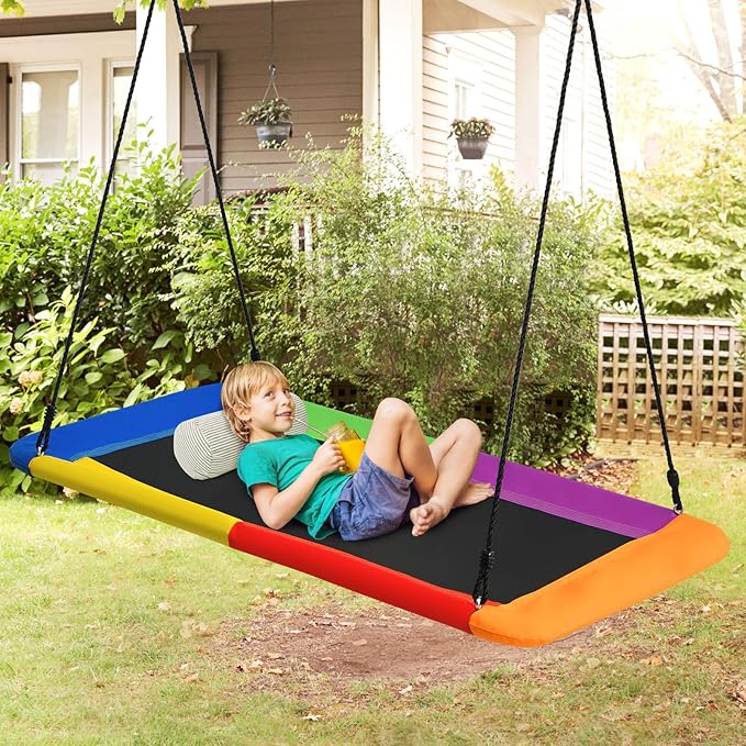 Costzon 700lb Giant 60'' Platform Tree Swing for Kids and Adults, Wear- Resistant Indoor/Outdoor Rectangle Swing with Durable Steel Frame and 2 Hanging Straps for Porch, Backyard (Rainbow)