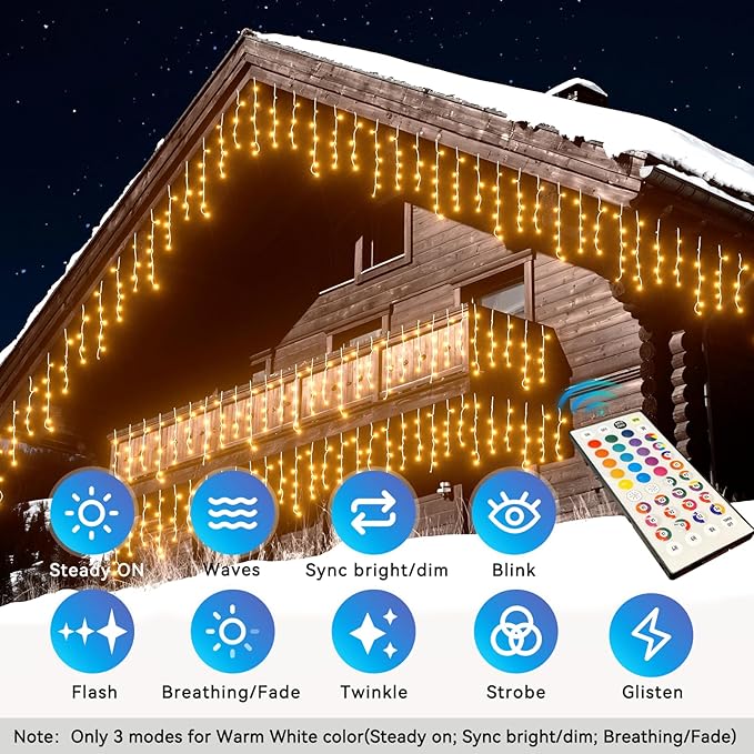 LitHome Color Changing Icicle Lights for Outdoor, 35 Colors Christmas Icicle Lights Outside with Remote Plug In, 165 LED 26FT Icicle Christmas Light Indoor Connectable for Xmas Holiday Roof Home Decor