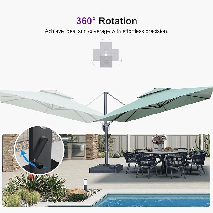 PURPLE LEAF 12 FT Cantilever Umbrella Outdoor Patio Umbrella, Large Offset Square Umbrella, Windproof Heavy Duty Hanging Outside Umbrellas for Patio, Mint Green