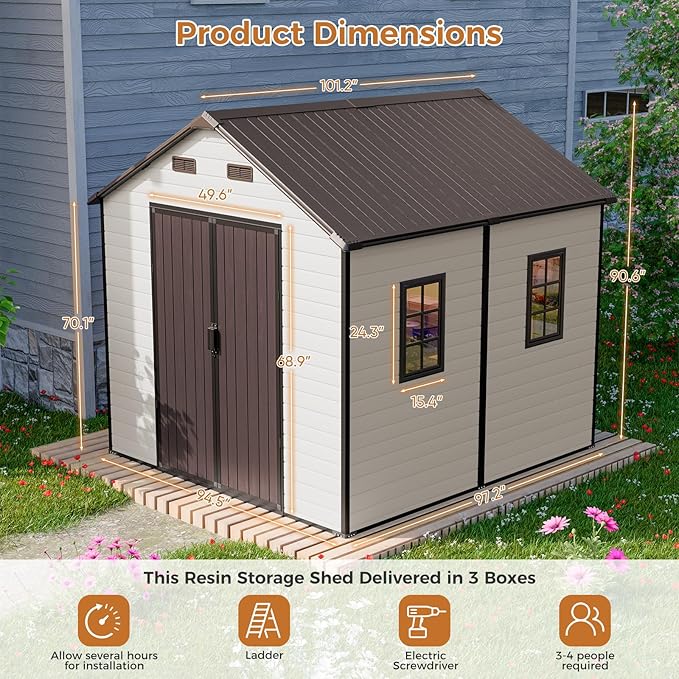 CDCASA 8x8 FT Resin Storage Shed with Floor Included, Large Waterproof Outside Plastic Storage Sheds with Base, 2 Adjustable Openable Windows,for Backyard Patio Lawn, Brown & Light Grey