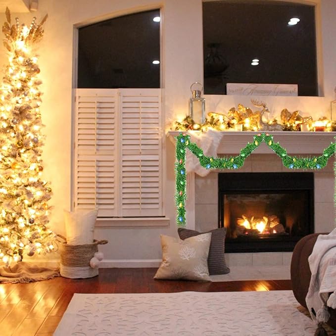 Nerosun 14.8 FT Artificial Christmas Garland, 50 Pre-Lit LED Mini String Lights Battery Operated Xmas Garland for Home Stair Railing Indoor Wedding Party Christmas Ornament Decorations (Multi-Colored)