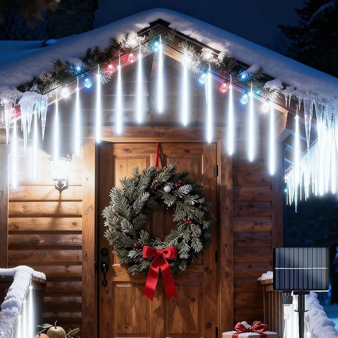 Flacchi Solar Meteor Shower Icicle Lights - 20 Tubes 480 LED Cascading Raindrop Lights, Outdoor Waterproof Christmas Decorations for Holiday Party (Cool White, Solar 20 Tubes)