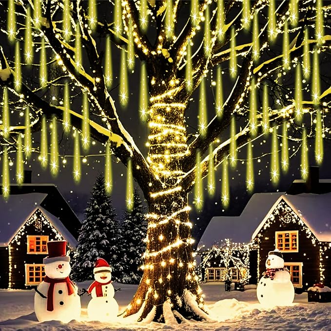 Christmas Lights Outdoor Falling Rain Meteor Shower Lights 12 inch 8 Tube 192 LED Snowfall Icicle Cascading String Light for Xmas Tree Christmas Decorations Holiday Garden, UL Plug,Warm White