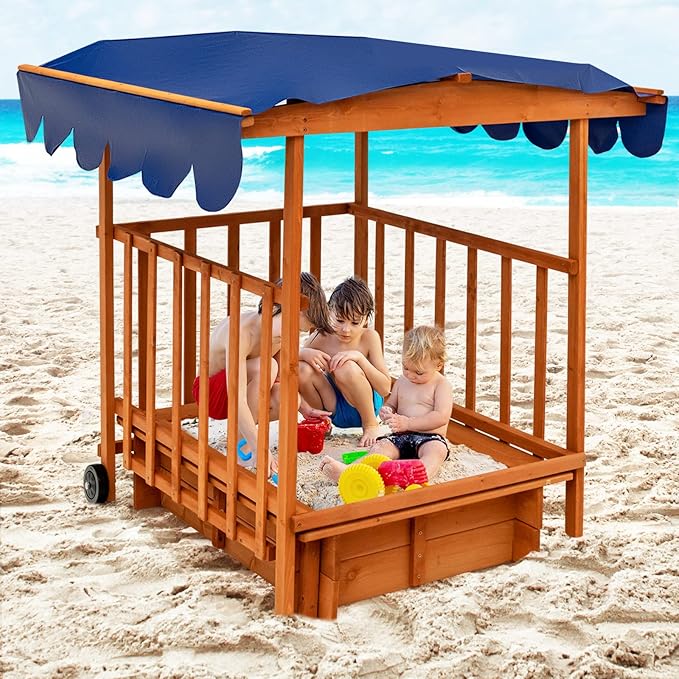 GLACER 3 in 1 Kids Sandbox, Wooden Cedar Bottomless Sand Pit w/Canopy, Large Play Area, Rear Wheels and Guardrails, Portable Sand Boxes in Backyard Garden Lawn Beach for Boys Girls