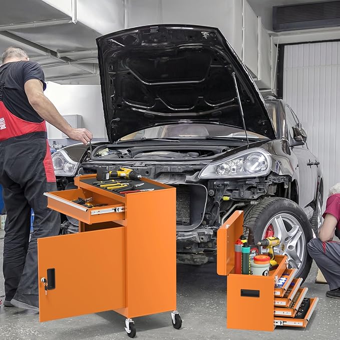 Rolling Tool Box with Wheels, 5-Drawer High Capacity Tool Chest with Wheels, Removable Storage Toolbox with Lock for Garage, Workshop (Orange)