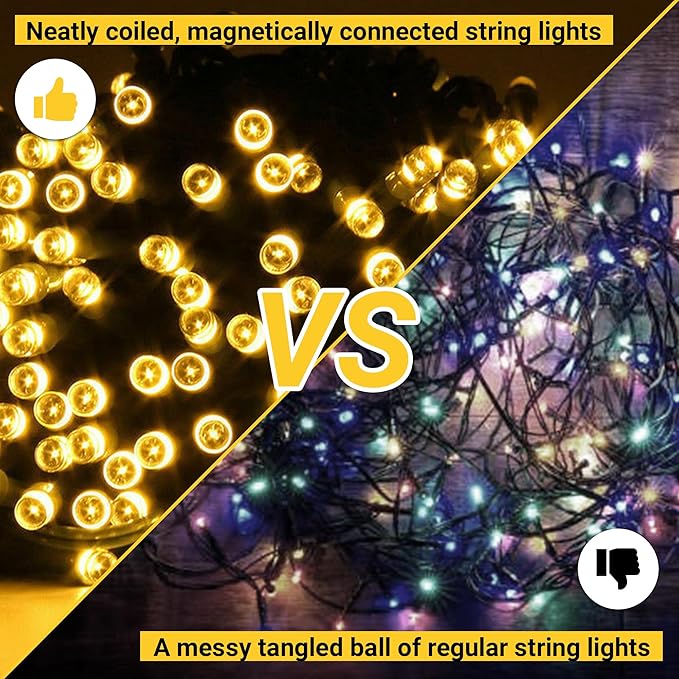 Magnetic String Lights - 60ft LED Christmas Lights with Quick Connect - Indoor Plug in - Warm & Bright White - Decorative Christmas Tree Lights