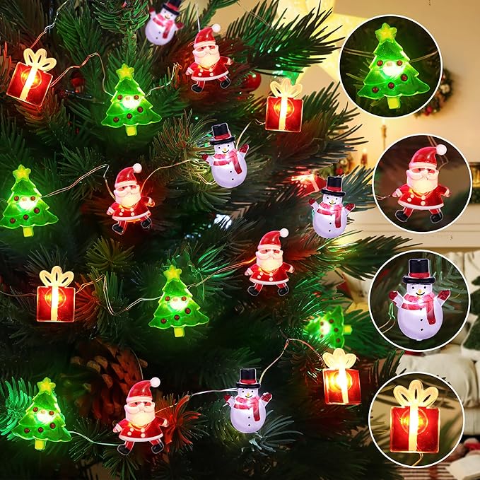 Christmas String Lights 12FT 32 LED Christmas Tree Santa Clause Snowman Gift Box Xmas String Lights Battery Operated Holiday Fairy Lights for Tree Light Decorations Table Home Indoor Holiday Decor
