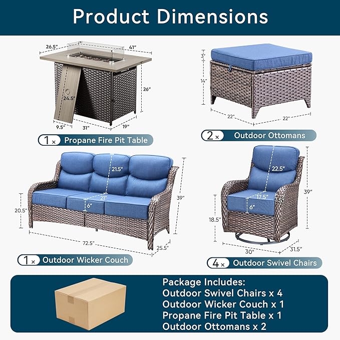 Luxury High Back Outdoor Furniture 6-Inch Thick Cushions with 50,000 BTU Gas Propane Fire Pit Tablet, Patio Furniture Set with Swivel Chairs, 8 PCS for Porch, Balcony, Deck and Yard