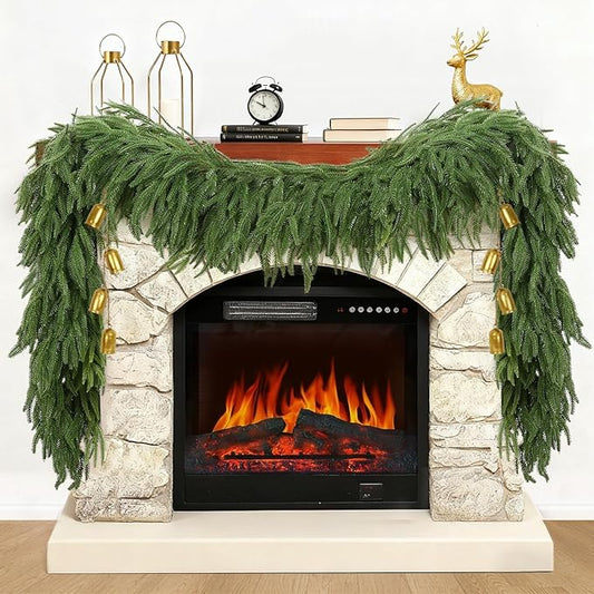9 FT Christmas Artificial Norfolk Pine Garland, Realistic Touch Greenery Garland for Indoor Outdoor Door Porch Table Fireplace Wall Staircase Holiday Christmas Decorations