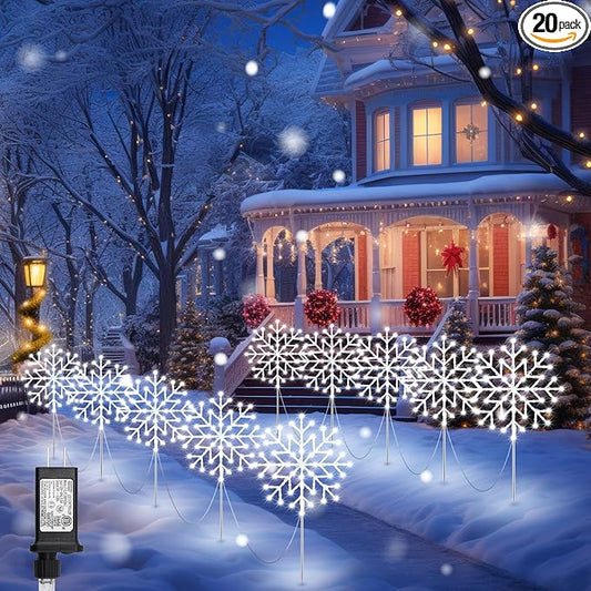 Brightown Snowflake Lights Outdoor,Total 20-Pack Snowflake Christmas Pathway Lights Outdoor Christmas Decorations Yard Sidewalk Walkway Driveway Marker Stake,Cool White